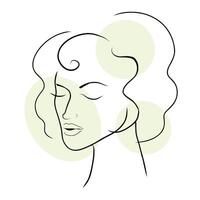 kvinna ansikte linje konst i pastell grön nyanser. minimalistisk stil. vektor hand dragen skönhet mode illustration för affisch, logotyp, kosmetika eller smink design och t-shirt grafik.