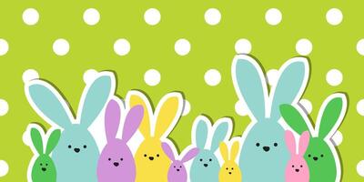 firande hälsning påsk kort, färgrik påsk kanin familj på polka punkt bakgrund vektor