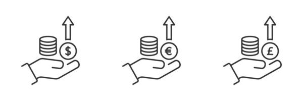 Piktogramm von Geld im Hand. Geld Wachstum Symbol. Münzen im das Hand. Dollar, Euro, Pfund Sterling Symbole. Geschäft Symbol. Vektor Illustration.