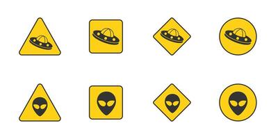 fara UFO tecken uppsättning. utlänningar varning väg tecken. vektor illustration.
