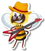 lustige Biene, die Gitarrenkarikaturaufkleber spielt vektor