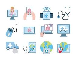 online läkare, läkare teknik konsult medicinska ikoner set, platt stilikon vektor