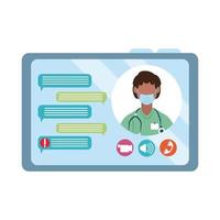 online läkare, chatta video surfplatta konsult medicinskt skydd covid 19, platt stilikon vektor