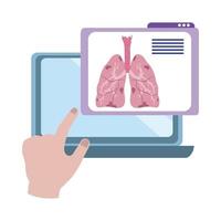 Online-Arzt, Hand berührende Display-Laptop-Diagnose-Lungenmedizin-Kovid 19, flaches Symbol vektor