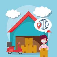 leveransman logistiska lager lådor transport e-handel online shopping covid 19 coronavirus vektor