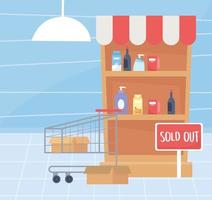 Ausverkauftes Regal und Einkaufswagen Supermarkt Lebensmittelüberschusskauf vektor