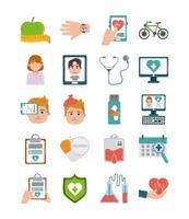 Online-Arzt Gesundheit Medizin Pflege flachen Stil Icons Set vektor