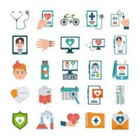 Online-Arzt Gesundheit Medizin Pflege flachen Stil Icons Set vektor