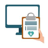 Online-Arzt-Computer-Zwischenablage-Bericht über die medizinische Versorgung im flachen Stil vektor