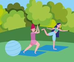 junge Mädchen praktizieren Yoga mit Fit Ball im Park Cartoon vektor