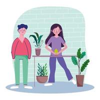 Paar mit Topfpflanzen Gartenarbeit, Quarantäne zu Hause bleiben vektor