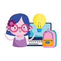 flicka barn med laptop väska och glödlampa vektor design