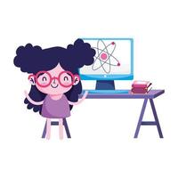 flicka kid dator atom skrivbord och böcker vektor design