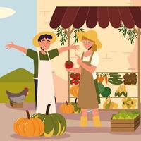 Paar und lokaler Lebensmittelmarkt vektor
