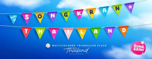 songkran vatten festival thailand, färgrik triangel- flaggor, samlingar baner design på moln och himmel blå bakgrund, eps 10 vektor illustration