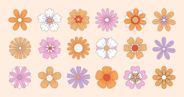 Sammlung von groovig Hippie Blumen im retro 1970er Jahre Stil. Jahrgang Hand gezeichnet funky Blumen. Vektor Illustration