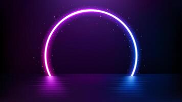 cirkel neon ljus, sci fi portal på flytande golv, vektor illustration