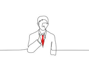 man i företag kostym står rätning hans röd slips - ett linje teckning vektor. begrepp av varelse nervös innan intervju eller Viktig företag möte, herr- kontor mode, ljus slips vektor