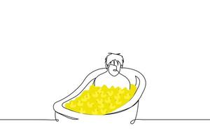 man Sammanträde i badkar fylld med gul sudd ankor - ett linje teckning vektor. begrepp vuxen man ledsen i badkar full av leksak ankor vektor