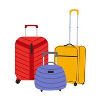Vektor einstellen von Reise Koffer. Gepäck. Reisende Taschen im eben Stil. Weiß isoliert Hintergrund.