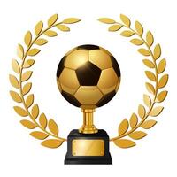 realistisk guld fotboll boll trofén med guld laurel krans, isolerat på vit bakgrund, vektor illustration