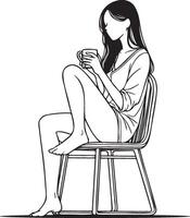 kvinna dryck kaffe på Hem skiss teckning. vektor