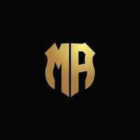 ma-logo-monogramm mit goldfarben und schildform-designvorlage vektor