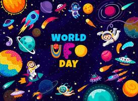 Welt UFO Tag, Karikatur fliegend Untertasse und Außerirdischer vektor