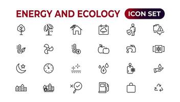 Energie und Ökologie Linie editierbar Symbole Satz. Vektor Illustration im modern dünn Linie Stil von Öko verbunden Symbole. Schutz, Planet Pflege, natürlich Recycling Leistung. Piktogramme und Infografiken.