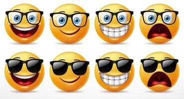 leende ansikten uttryckssymbol karaktär uppsättning, ansiktsbehandling uttryck av söt gul ansikten bär solglasögon. 3d realistisk, vektor illustration