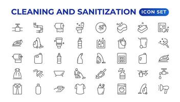 rengöring linje ikoner. tvätt, fönster svamp, och Vakuum rengöringsmedel ikoner. tvättning maskin, hushållning service, och hembiträde rengöringsmedel Utrustning. fönster rengöring, torka av, tvätt tvättning maskin. vektor