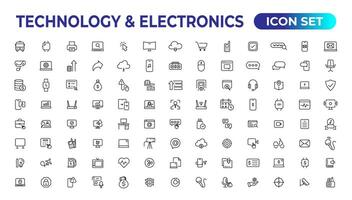 Technologie und Elektronik und Geräte Netz Symbole im Linie Stil. Gerät, Telefon, Laptop, Kommunikation, Smartphone, E-Commerce. Vektor Illustration.