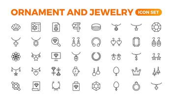 Ornament und Schmuck Symbol einstellen . einfach einstellen von Schmuck verbunden Vektor Linie Symbole. enthält eine solche Symbole wie Ohrringe, Körper Kreuze, und Engagement Ringe. Gliederung Symbol Sammlung.