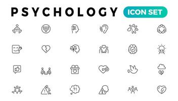 Psychologie, positiv Denken Linie Symbole Sammlung. Psychologie, Wohltätigkeit, Familie, Glücklich, Frieden Symbole. ui Symbol Satz. dünn Gliederung Symbole Pack vektor