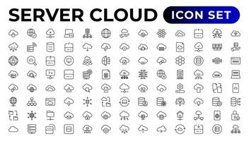 uppsättning av linje ikoner relaterad till moln datoranvändning, moln tjänster, server, cyber säkerhet, digital omvandling. översikt ikon samling. vektor