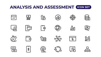 analys och bedömning linje ikoner samling.tunn översikt ikoner packa. vektor