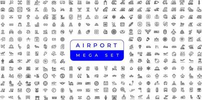 Flughafen Vektor Linie Symbol Satz. enthält linear Gliederung Symbole mögen Ebene, Fahrkarte, Gepäck, Sitz, W-lan, Tasche, Abfahrt, Terminal, Reisepass, Transport, Gepäck, Flugzeug