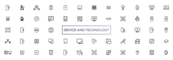 enhet och teknologi linje ikon uppsättning. elektronisk enheter och prylar, dator, Utrustning och elektronik. dator övervaka, smartphone, läsplatta och bärbar dator sumbol samling vektor