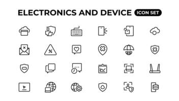 elektronik och enhet rader ikon uppsättning. elektronisk enheter och prylar, dator, Utrustning och elektronik. dator övervaka, smartphone, läsplatta och bärbar dator sumbol samling. vektor