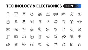 Technologie und Elektronik und Geräte Netz Symbole im Linie Stil. Gerät, Telefon, Laptop, Kommunikation, Smartphone, E-Commerce. Vektor Illustration.