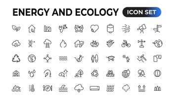 Energie und Ökologie Linie editierbar Symbole Satz. Vektor Illustration im modern dünn Linie Stil von Öko verbunden Symbole. Schutz, Planet Pflege, natürlich Recycling Leistung. Piktogramme und Infografiken.