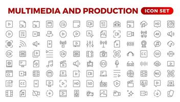 Multimedia und Produktion Symbol Satz. Kino Symbol Satz. Film Zeichen Sammlung. einstellen von Kino, Film, Video Symbole, Sammlung Film, Fernseher. Popcorn Box Paket groß Film Spule. Gliederung Symbol einstellen Sammlung. vektor