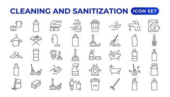 rengöring linje ikoner. tvätt, fönster svamp, och Vakuum rengöringsmedel ikoner. tvättning maskin, hushållning service, och hembiträde rengöringsmedel Utrustning. fönster rengöring, torka av, tvätt tvättning maskin. vektor