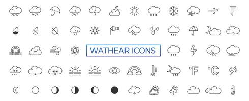 Wetter Symbole einstellen im Linie Stil, Wetter isoliert auf Weiß Hintergrund. Wolken Logo und Zeichen, Vektor Illustration