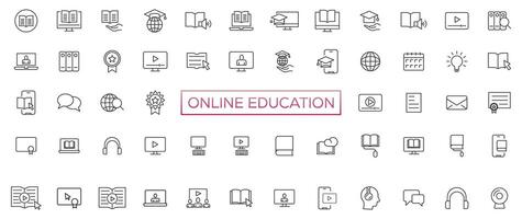 E-Learning, online Bildung Symbole Satz. 60 elektronisch Lernen Symbole. Entfernung Lernen Sammlung Gliederung Symbole Sammlung vektor