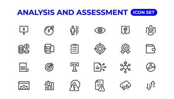 analys och bedömning linje ikoner samling.tunn översikt ikoner packa. vektor
