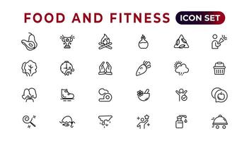 Essen und Fitness linear Symbole Sammlung.set von dünn Linie Netz Symbol Satz, einfach Gliederung Symbole Sammlung, Pixel perfekt Symbole, einfach Vektor Illustration.