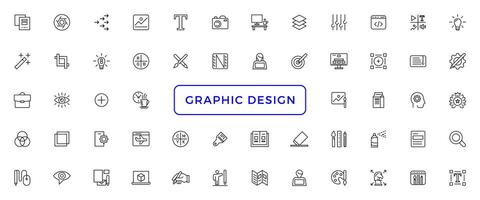 uppsättning av tunn linje ikoner av grafisk design. enkel linjär ikoner i en modern stil platt, kreativ bearbeta. grafisk design, kreativ paket, stationär, programvara vektor