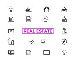 Immobilien minimale dünne Linie Web-Icon-Set. enthalten die Symbole wie Immobilien, Immobilien, Hypotheken, Wohnungsbaudarlehen und mehr. Sammlung von Symbolen zu skizzieren. einfache Vektorillustration vektor