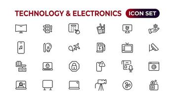 teknologi och elektronik och enheter webb ikoner i linje stil. enhet, telefon, bärbar dator, kommunikation, smartphone, e-handel. vektor illustration.